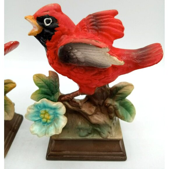 Bird Figurines Cardinals Hand Painted Ceramic Perched Flower Vintage Pair 4.25" - Picture 4 of 15